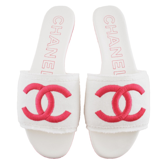 Chanel 24C White Fuchsia Pink CC Logo Fabric Knit Mule Slide Slip On Sandal 38 - Picture 1 of 15